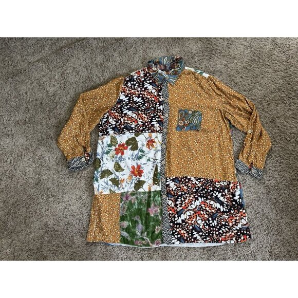 JOHN MARK Button Up Tunic Top Floral Patchwork Mix Print Boho Artsy Sz 1X - Picture 1 of 9